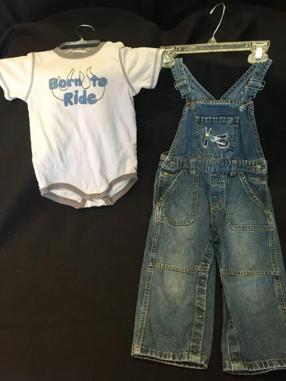 Gymboree Born To Ride 2pc set 2T denim overalls and onesie outfit